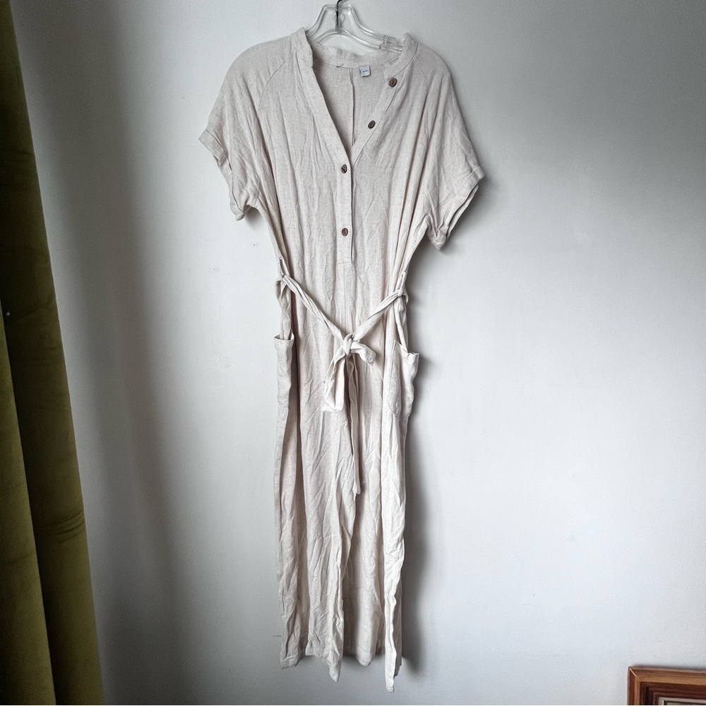 Petal & Pup Cream Button-Front Linen Jumpsuit with Tie Waist